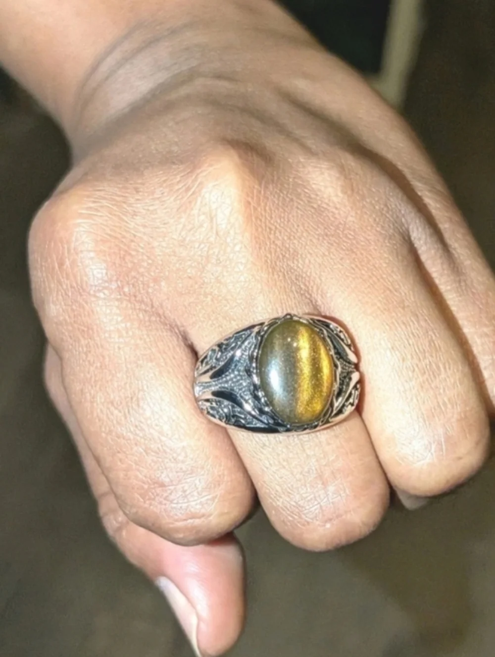 Mens Oval Tiger Eye Gemstone Silver Plated Ring Brown Veined Stone Ring Sz 10
